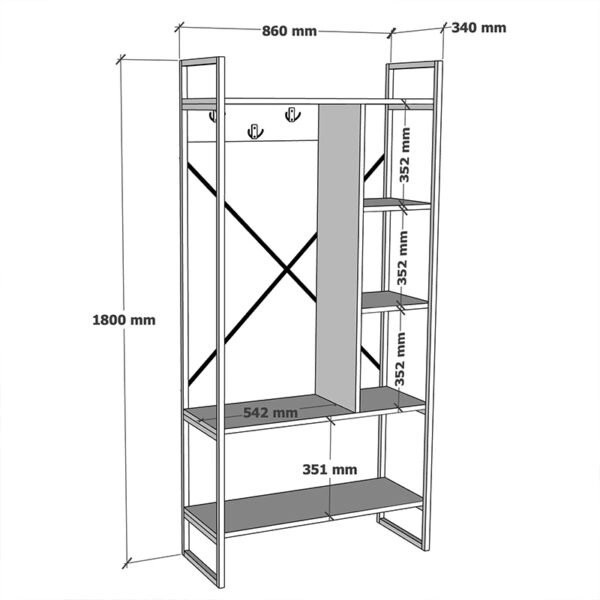 Έπιπλο εισόδου Feranda  με ράφια oak με μαύρο μεταλλικό σκελετό 88x34x180εκ