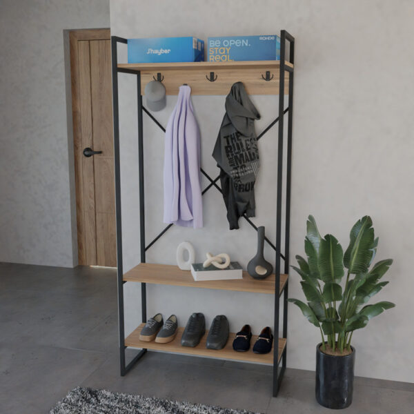 Έπιπλο εισόδου Levento  oak με μαύρο μεταλλικό σκελετό 88x34x180εκ