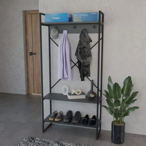 Έπιπλο εισόδου Levento  ανθρακί με μαύρο μεταλλικό σκελετό 88x34x180εκ