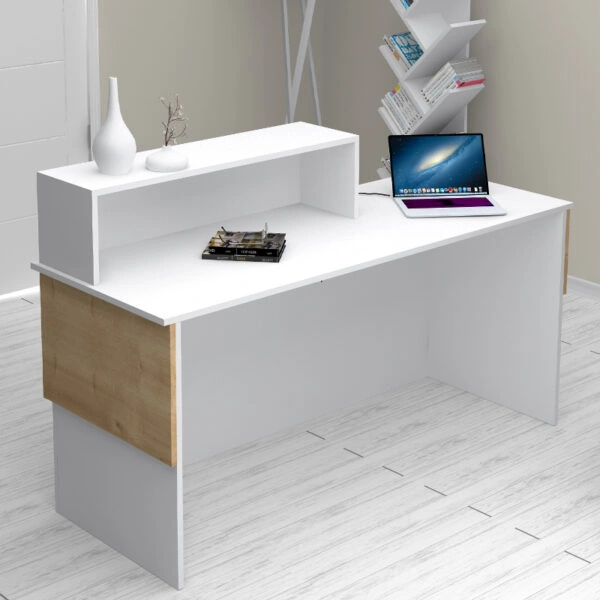 Γραφείο υποδοχής - reception Dustin Megapap χρώμα λευκό - φυσικό οξιάς 160x60x101,8εκ.