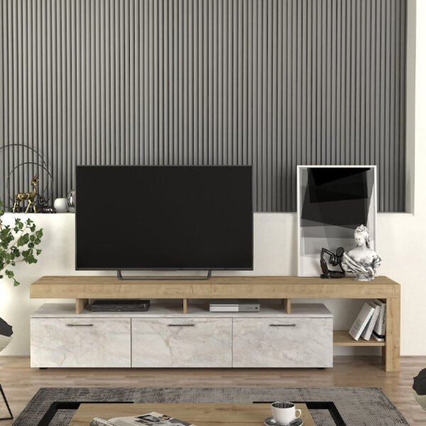 Έπιπλο τηλεόρασης Acnes Megapap χρώμα λευκό εφέ μαρμάρου - sapphire oak 220x40x52εκ.