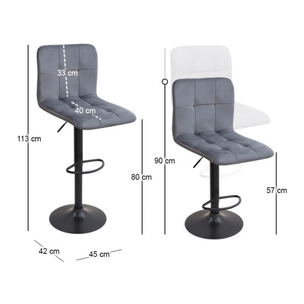 Σκαμπό μπαρ Carmelo Megapap με ρυθμιζόμενο ύψος βελούδο γκρι - βάση μαύρο ματ 45x42x90/113εκ.