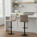 Σκαμπό μπαρ Carmelo Megapap με ρυθμιζόμενο ύψος βελούδο μπεζ - βάση μαύρο ματ 45x42x90/113εκ.