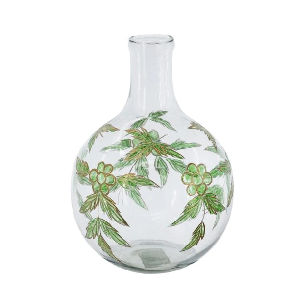 Artekko Aphelios Διάφανο Γυάλινο Βάζο Διακοσμημένο με Πράσινα Λουλούδια (20x20x28)cm