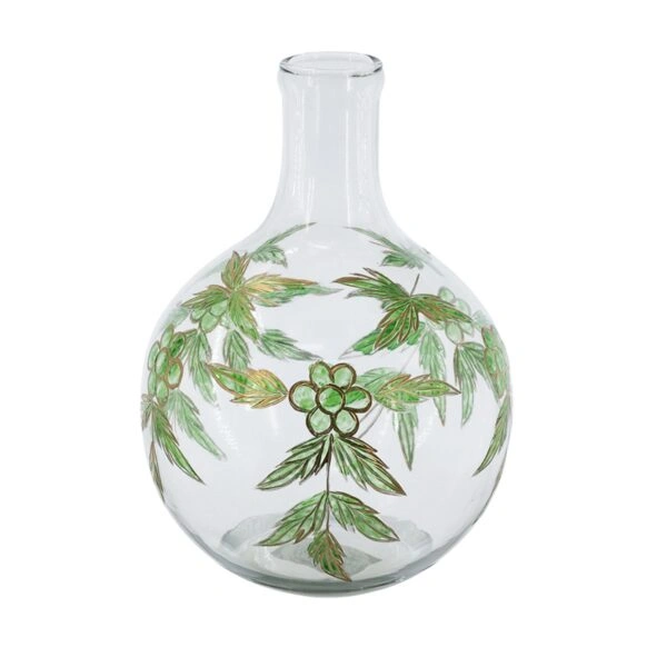 Artekko Aphelios Διάφανο Γυάλινο Βάζο Διακοσμημένο με Πράσινα Λουλούδια (20x20x28)cm