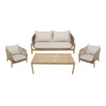 Σαλόνι εξωτερικού χώρου Lemanda  μασίφ ξύλο ακακίας με σχοινί και μπεζ μαξιλάρια