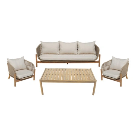 Σαλόνι εξωτερικού χώρου Verilan pakoworld μασίφ ξύλο ακακίας με σχοινί και μπεζ μαξιλάρια