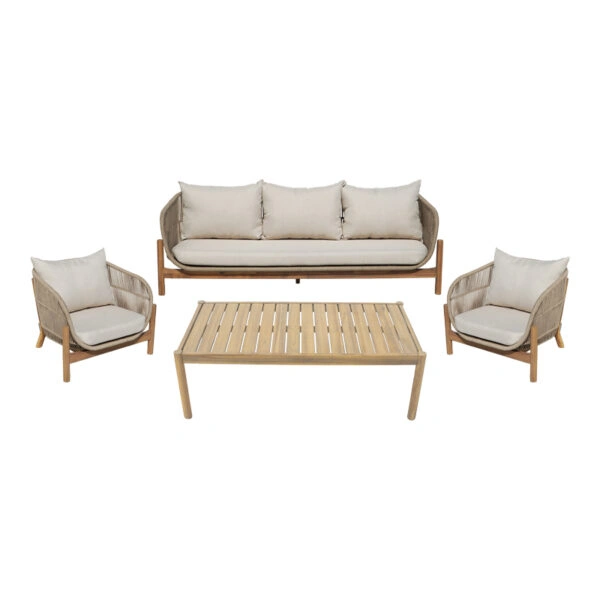 Σαλόνι εξωτερικού χώρου Verilan μασίφ ξύλο ακακίας με σχοινί και μπεζ μαξιλάρια