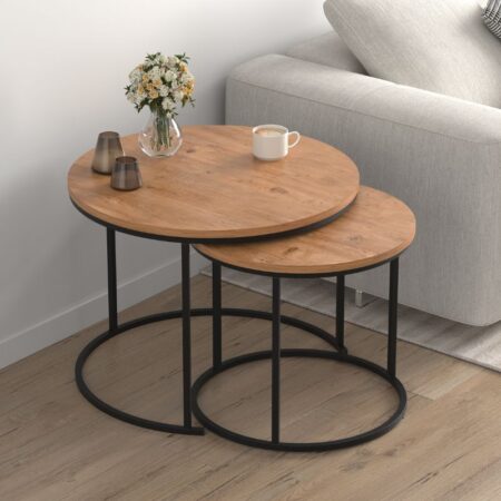 Τραπεζάκι σαλονιού σετ 2 τμχ Hilal Megapap χρώμα pine oak Ø66x49