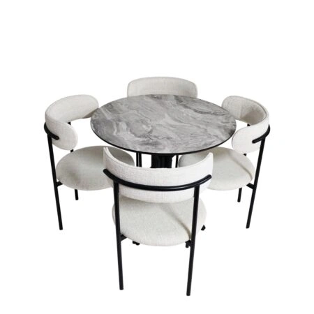 Artekko Mutfak MDF Τραπέζι με Εφέ Μαρμάρου (Φ90×77)cm με 4 Εκρού Καρέκλες (53x52x85)cm 5pcs