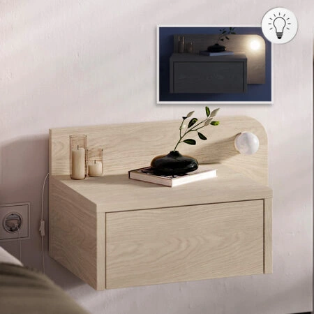 Κομοδίνο επιτοίχιο Dotta Megapap με LED χρώμα light oak 52x33
