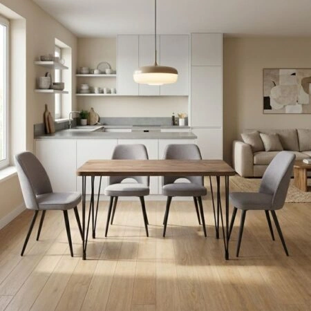 Σετ τραπεζαρία 5τμχ Roger - Christy Megapap Mdf - ύφασμα χρώμα ακακίας - ανοιχτό μπεζ 120x70x75εκ.