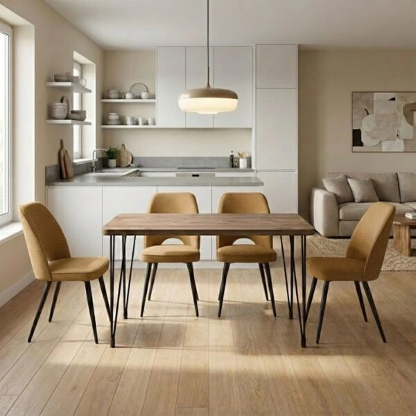 Σετ τραπεζαρία 5τμχ Roger - Christy Megapap Mdf - ύφασμα χρώμα ακακίας - μουσταρδί 120x70x75εκ.