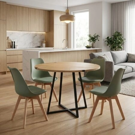 Σετ τραπεζαρία 5τμχ Rubes - Viva Megapap χρώμα φυσικό οξιάς - φυστικί Ø100x78εκ.