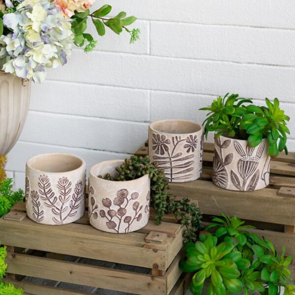 Artekko Cement Μπεζ Τσιμεντένια Διακοσμητικά Κασπώ με Σχέδια (11x11x10)cm 4pcs