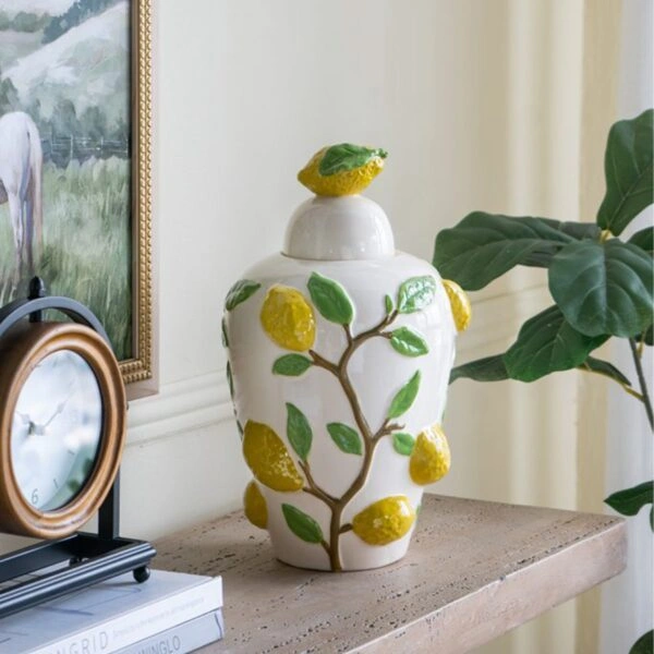 Artekko Lemon Εκρού Κεραμικό Βάζο Δοχείο με Καπάκι και Λεμόνια (22x22x37.5)cm