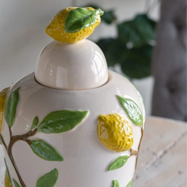 Artekko Lemon Εκρού Κεραμικό Βάζο Δοχείο με Καπάκι και Λεμόνια (22x22x37.5)cm