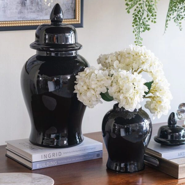 Artekko Melania Μαύρο Κεραμικό Διακοσμητικό Δοχείο Βάζο με Καπάκι (24x24x48)cm
