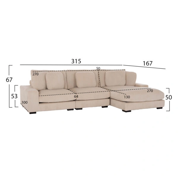 ΚΑΝΑΠΕΣ ΔΕΞΙΑ ΓΩΝΙΑ CRANFIELD HM3287.02R ΜΠΕΖ ΡΙΓΕ ΥΦΑΣΜΑ 313x169(γωνία)x80Υεκ.