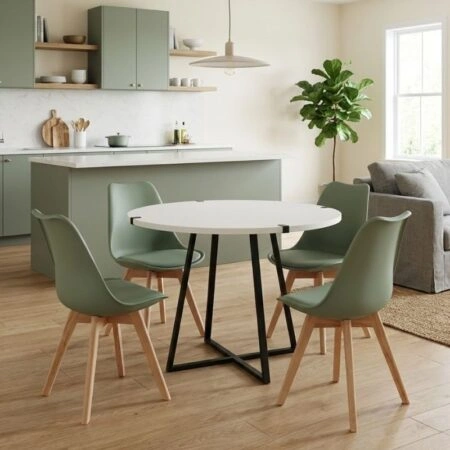 Σετ τραπεζαρία 5τμχ Rubes - Viva Megapap χρώμα λευκό - φυστικί Ø100x78εκ.