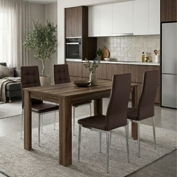 Σετ τραπεζαρία 5τμχ Darlen - Rosa Megapap χρώμα καρυδί - καφέ/χρωμίου πόδι 125x72x74εκ.