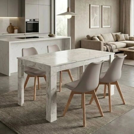 Σετ τραπεζαρία 5τμχ Darlen - Viva Megapap χρώμα λευκό εφέ μαρμάρου - cappuccino 125x72x74εκ.