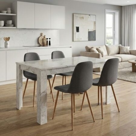 Σετ τραπεζαρία 5τμχ Darlen - Iris Megapap χρώμα λευκό εφέ μαρμάρου - γκρι/φυσικό πόδι 125x72x74εκ.