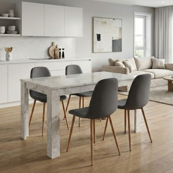 Σετ τραπεζαρία 5τμχ Darlen - Iris Megapap χρώμα λευκό εφέ μαρμάρου - γκρι/φυσικό πόδι 125x72x74εκ.