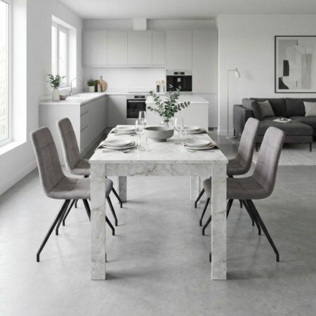 Σετ τραπεζαρία 5τμχ Darlen - Bianca Megapap χρώμα λευκό εφέ μαρμάρου - ανοιχτό μπεζ 125x72x74εκ.