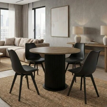 Σετ τραπεζαρία 5τμχ Bohema - Viva Megapap χρώμα μαύρο/sepet oak - μαύρο Ø90x77,7εκ.