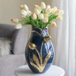 Artekko Glazed Μπλε Κεραμικό Βάζο με Χρυσές Λεπτομέρειες (20x20x34.5)cm