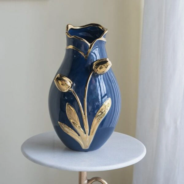 Artekko Glazed Μπλε Κεραμικό Βάζο με Χρυσές Λεπτομέρειες (20x20x34.5)cm