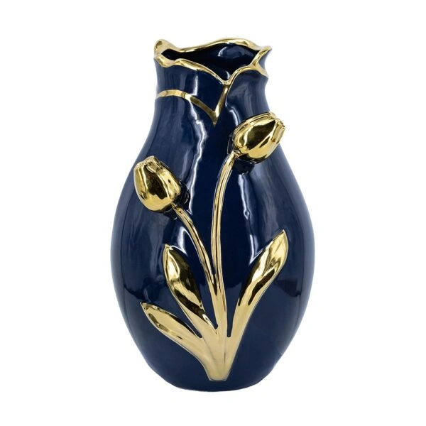 Artekko Glazed Μπλε Κεραμικό Βάζο με Χρυσές Λεπτομέρειες (20x20x34.5)cm