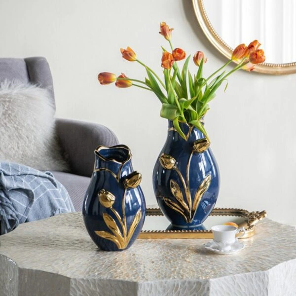 Artekko Glazed Μπλε Κεραμικό Βάζο με Χρυσές Λεπτομέρειες (20x20x34.5)cm