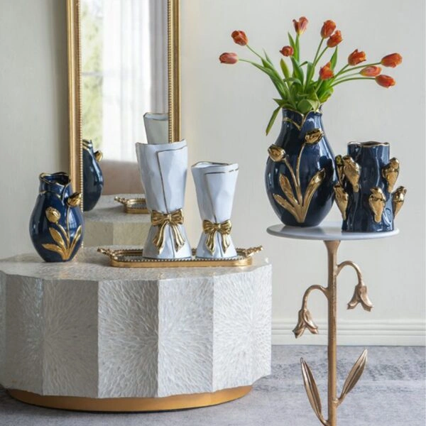 Artekko Glazed Μπλε Κεραμικό Βάζο με Χρυσές Λεπτομέρειες (20x20x34.5)cm