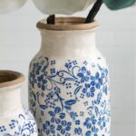 Artekko Aging Λευκό Κεραμικό Βάζο με Μπλε Λουλούδια (16x16x38.7)cm