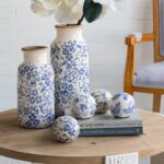 Artekko Aging Λευκό Κεραμικό Βάζο με Μπλε Λουλούδια (16x16x38.7)cm