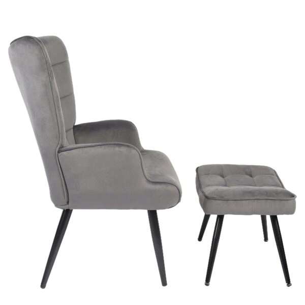 Πολυθρόνα Μπερζέρα Με Υποπόδιο ArteLibre LENNOX Γκρι Βελούδο/Ξύλο 96x68x73cm