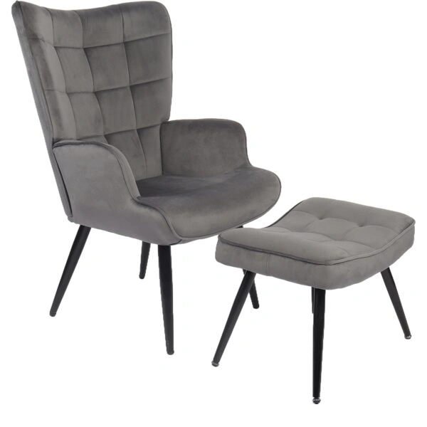 Πολυθρόνα Μπερζέρα Με Υποπόδιο ArteLibre LENNOX Γκρι Βελούδο/Ξύλο 96x68x73cm