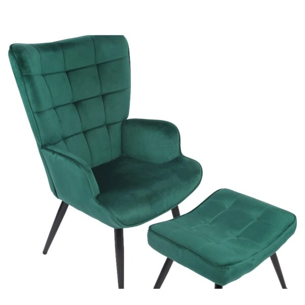 Πολυθρόνα Μπερζέρα Με Υποπόδιο ArteLibre LENNOX Πράσινο Βελούδο/Ξύλο 96x68x73cm