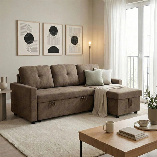 Γωνιακός αναστρέψιμος καναπές κρεβάτι Napora  με αποθηκευτικό χώρο γκρι-μπεζ ύφασμα 214x83/138x90εκ