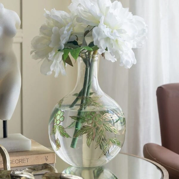 Artekko Aphelios Διάφανο Γυάλινο Βάζο Διακοσμημένο με Πράσινα Λουλούδια (20x20x28)cm