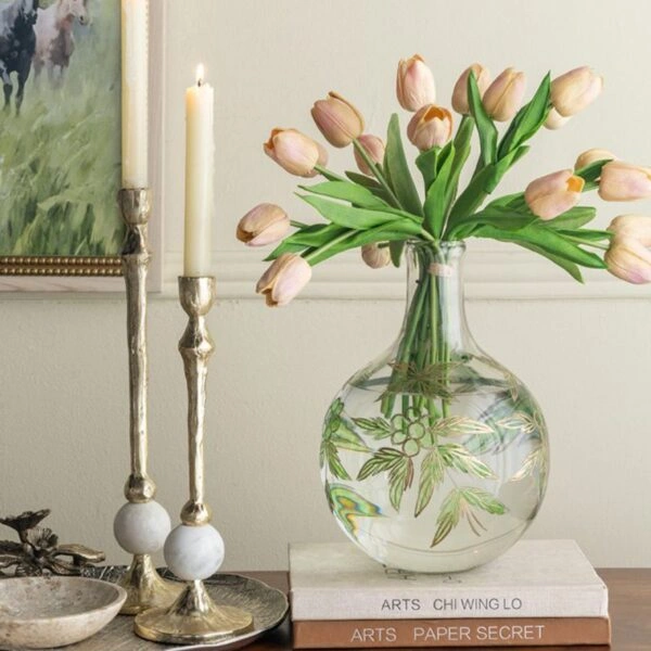 Artekko Aphelios Διάφανο Γυάλινο Βάζο Διακοσμημένο με Πράσινα Λουλούδια (20x20x28)cm