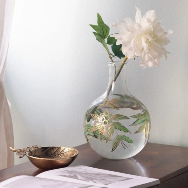 Artekko Aphelios Διάφανο Γυάλινο Βάζο Διακοσμημένο με Πράσινα Λουλούδια (20x20x28)cm