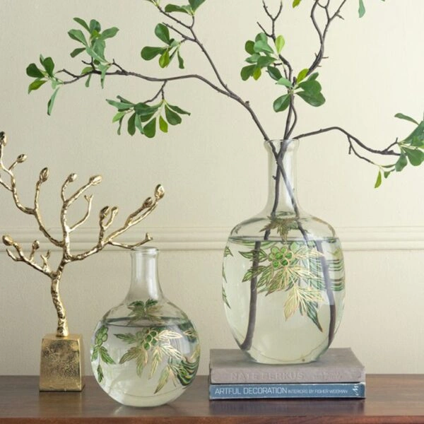 Artekko Aphelios Διάφανο Γυάλινο Βάζο Διακοσμημένο με Πράσινα Λουλούδια (20x20x28)cm