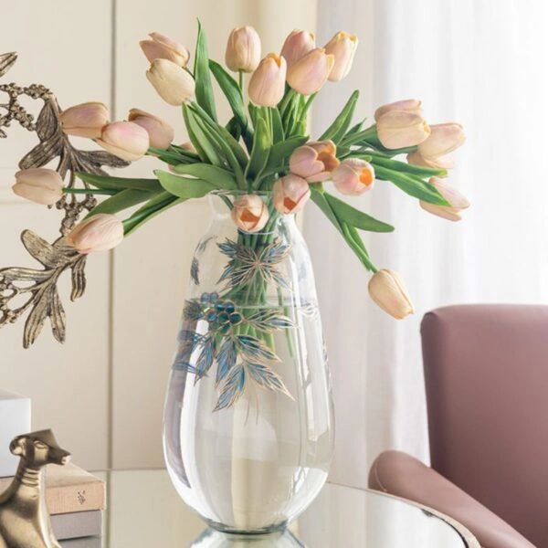 Artekko Aphelios Διάφανο Γυάλινο Βάζο Διακοσμημένο με Μπλε Λουλούδια (16.5x16.5x32)cm