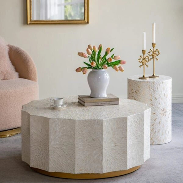 Artekko Ivory Εκρού Τραπέζι Σαλονιού από MDF και Capiz (90x90x40)cm