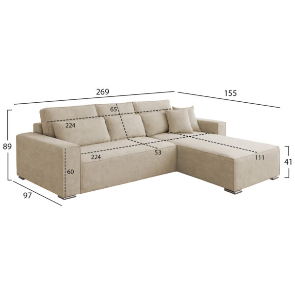 ΚΑΝΑΠΕΣ ΚΡΕΒΑΤΙ ΑΝΑΣΤΡΕΨΙΜH ΓΩΝΙΑ CORNERA HM3335.03 ΜΠΕΖ ΥΦΑΣΜΑ 269x155x89Yεκ