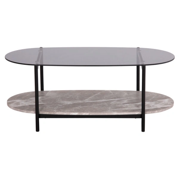 ΤΡΑΠΕΖΙ ΣΑΛΟΝΙΟΥ ΟΒΑΛ KITTY HM18040 ΓΥΑΛΙ ΦΙΜΕ TOP-GREY MARBLE ΜΕΛΑΜΙΝΗ 110x50x43Υεκ