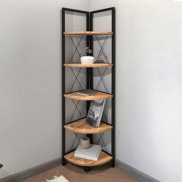 Βιβλιοθήκη γωνιακή Kelsie  μεταλλική - μελαμίνης χρώμα μαύρο - pine oak 33x33x162εκ.